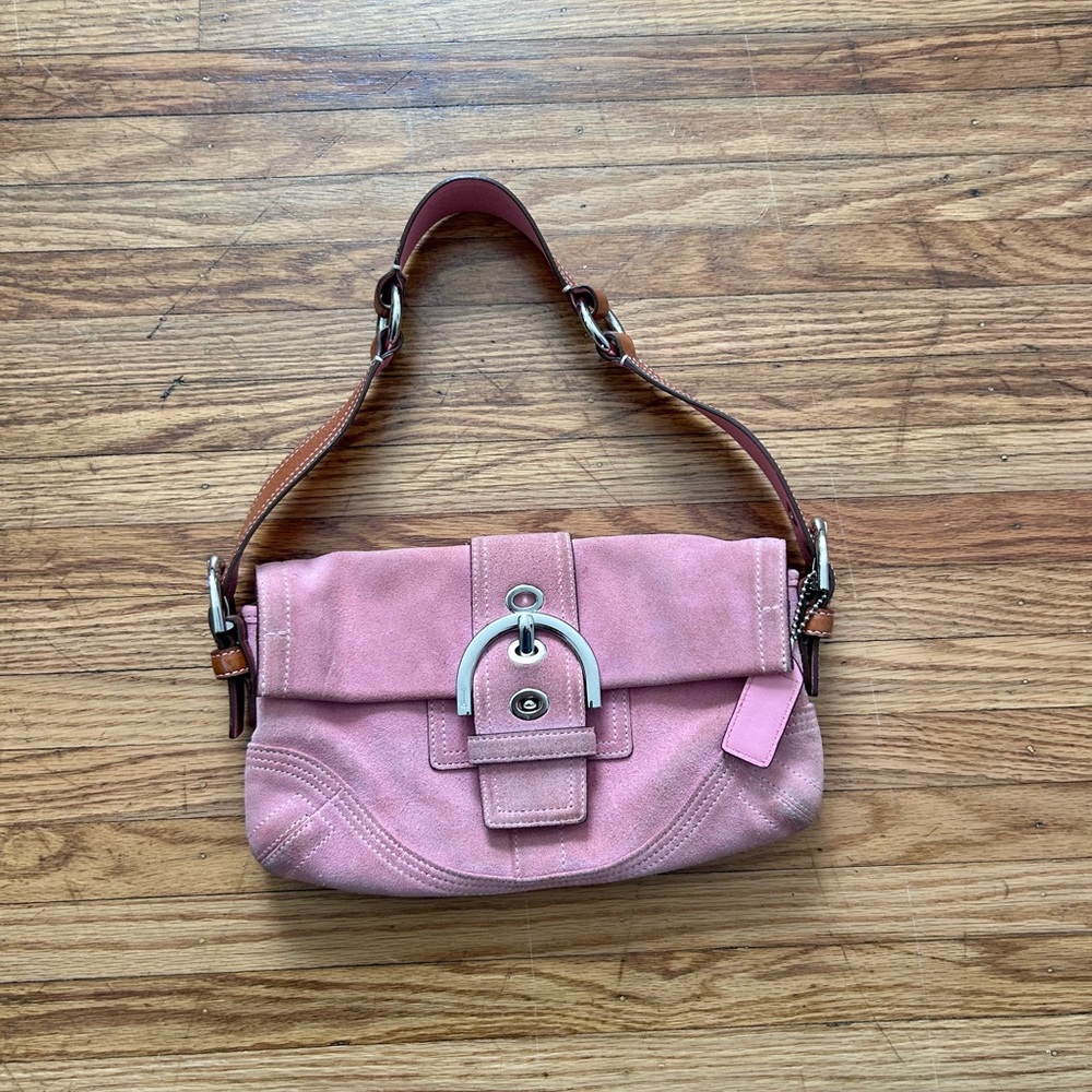 Coach Suede Pink and Brown Leather Shoulder Bag with Fold-Over Flap